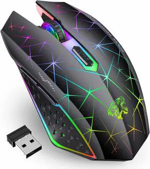 V7 Wireless Gaming Mouse Rechargeable LED Wireless Mouse Silent Optical Rainbow USB Computer Mice for Laptop PC (Black)