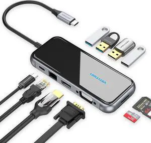 VENTION USB C Docking Station Dual Monitor - 10 in 1 USB C Hub Multiport Adapter with 4K HDMI VGA 100W PD 4 USB Ports Gigabit Ethernet SD/TF Card Reader for MacBook Pro Air Dell XPS HP