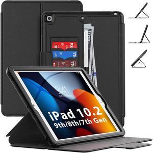 Cover for iPad 9th/8th/7th Generation with Pencil Holder [Auto Wake/Sleep] Card Slot [Multi-Angle Viewing Stand], iPad 9/8/7 Generation Smart Cover Shockproof folio Case for iPad 10.2", Black