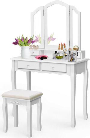 Costway White Tri Folding Vanity Makeup Table Stool Home Desk