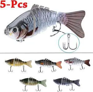5 Pcs 6-Segments Fishing Lures Fish Minnow Swimbait Tackle Hook Lure Crank Bait