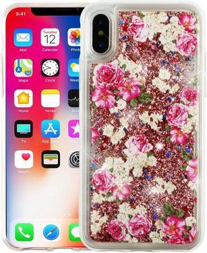 For iPhone X/XS 10 Pink Roses Quicksand Glitter Hard TPU Hybrid Case Cover