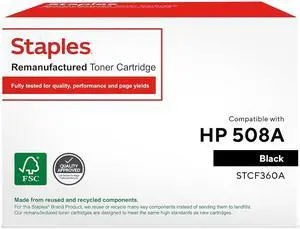 STAPLES Remanufactured Toner Cartridge, Replacement for HP 508A, Prints Up to 6,000 Pages, Black Ink Color, Designed for HP Color Laserjet Enterprise Printer Models