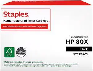 Staples Remanufactured High Yield Toner Cartridge, Replacement for HP 80X, Black Toner Cartridge, Up to 6900 Page Yield Per Cartridge, Compatible with HP Laserjet Printers