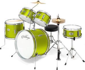 Ashthorpe 5-Piece Complete Junior Drum Set with Genuine Brass Cymbals - Advanced Beginner Kit with 16" Bass, Adjustable Throne, Cymbals, Hi-Hats, Pedals & Drumsticks - Green