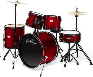 Ashthorpe 5-Piece Complete Full Size Adult Drum Set with Remo Batter Heads - Red