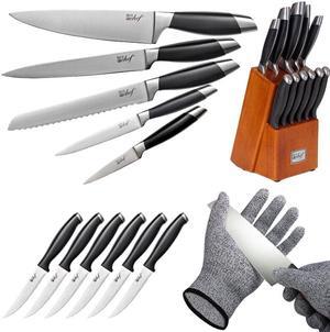 Gourmet 12pc Knife Set w/ Storage Block and Cut Resistant Gloves