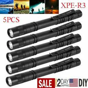 5Pcs XPE-R3 LED Flashlight Portable Pen Torch Lamp Clip Mini Light Penlight US