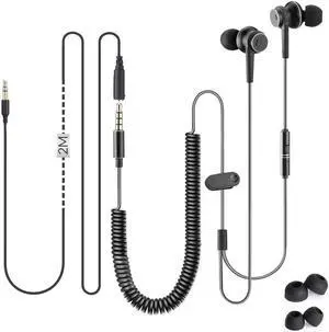 Long Cord Earbuds for TV & PC 18ft / 5.5m Extension Cable Earphones with Mic & Extra Long Spring Coil Wire Metal Stereo in-Ear Wired Bass Headphones for 3.5mm Audio Output Devices - HF027