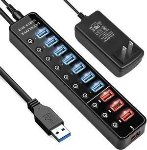 LYFNLOVE Powered USB Hub,11 Port 48W Data Charging Hub with 7 USB 3.0 Ports and 4 Smart Charging Ports,USB 3.0 Splitter with On/Off Switches for Laptop,PC, Computer,TV, HDD, Flash Drive and More