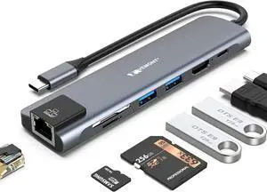 USB C Hub 7 in 1 Multiport Adapter 4K HDMI,100W Power Delivery,2 USB-A Data Ports,1 Gigabit Ethernet,SD/TF Card Readers,USB C Dongle for MacBook Pro/Air,iPad,iMac,iPhone 15 Pro/Pro Max,and More