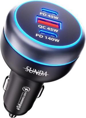 230W USB C Fast Car Charger, 3-Ports Car Charger Adapter, Dual Type C PD140W/PPS63W Compatible with iPhone16/15Pro/Max/iPhone14/Laptop/Galaxy/S24, USB-A 45W QC3.0 for Android