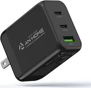 AnHome 65W USB C Gan Fast Wall Charger Block, 3 Ports Foldable Plug Type C 65 Watt PD Charging Brick USBC Compatible with MacBook Pro/Air/iPhone 11/12/13/14/15 Pro Max, Tablets Laptop and More