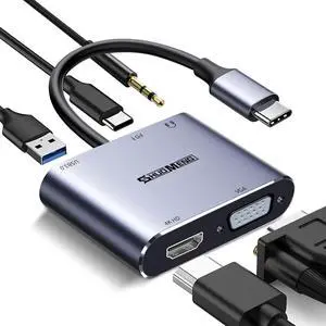 5 in 1 USB C Hub Type c to VGA HDMI MultiPort Adapter 4K HDMI VGA 100W PD USB3.0 Port Audio Jack Compatible with Switch/Steam Deck/Rog Ally/iPhone 15 16/MacBook Pro/Air/iPad Pro iMac S23