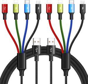 Multi Charging Cable 3.5A Multiple Charger Cable Braided 4 in 1 Multi USB Cable Fast Charging Cord with IP/Type C/Micro USB Ports for Cell Phones/iPhone/Tablets/Samsung Galaxy & More(2Pack 4Ft)