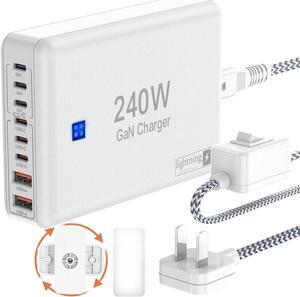 240W Fast Charging Blocks 8-Port Charging Station for iPhone/Ipad/MacBook 6C2A PD GaN Charger Box USB Tower Hub 5ft Braided Power Cord with On/Off Switch Flat Plug Travel Essentials