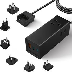 65W World Travel Adapter 3 USB Ports PD 3.0 Ultra Compact Charger 2 US Outlets [GaN Tech], Quick Type C, Charge Laptops, Cellphones in Europe, Asia, Africa, America and More