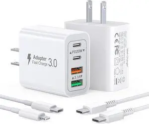 2 Pack USB C Charger 40W 4-Port Fast USB C Wall Charger Block Dual Port PD+QC Plug Multiport Charging Block for iPhone15 14 13 12 11 Pro Max XS XR 8 7 iPad  Tablet(with 2Pack 6.6ft Cable)