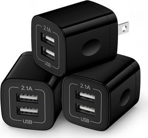 Wall Charger Block, 2.1A/5V Dual Port USB Wall Plug in Phone Travel Power USB Adapter Plug,3Pack Black Charger Cube Fast Charging Compatible Phone 15 Pro/14/13/12/SE/11,Samsung Galaxy S23/S22/S21/S20