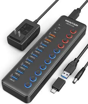 Powered USB 3.0 Hub, Wenter 48W 11-Port USB Hub Splitter (7 Faster Data Transfer Ports+ 4Pcs QC Charging Ports) with Individual LED On/Off Switches, USB Hub 3.0 Powered with Power Adapter