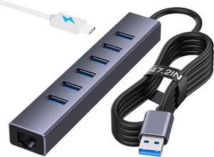 USB 3.0 Hub, 8-in-1 USB to Network HUB with 6 USB 3.0 Data Transmission, Gigabit Ethernet Port and 5V/3A Power Adapter USB Aluminum Extension for Laptop, iMac, PC, USB Flash Drives etc