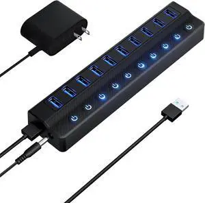 Powered USB Hub 10-Port USB Splitter with Individual LED ON/Off Switches USB Hub 3.0 with 12V 2A Power Adapter for PC Laptop MacBook Mac Pro