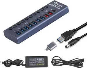 Aluminum USB 3.0 hub with Charging Function, Power Adapter,Individual Power swiches (Silver Gray-10 Ports)