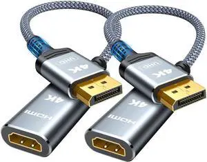 4K DisplayPort to HDMI Adapter 2-Pack Uni-directional Display Port DP to HDMI Nylon Braided Adaptor Converter Male to Female for AMD NVIDIA  HP Laptop HDTV Monitor Projector [Passive]