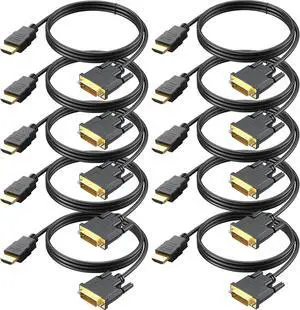 HDMI to DVI Cable 10-Pack, 6 Ft Bidirectional DVI-D to HDMI Male to Male High Speed Adapter Cable Support 1080P Full HD (10, Black)