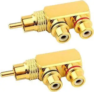 2 Pack Right Angle RCA Splitter RCA 1 Male to 2 Female Plug AV Extension Adapter Connector Extender Gold Plated