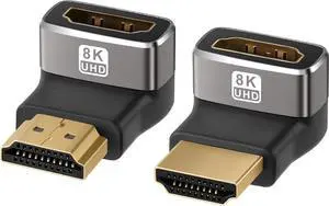 8K 90 Degree HDMI 2.1 Adapter 2 Pack (Up and Down) Right Angle HDMI Male to Female HDMI L-Shaped Connector Extender Support 8K@60Hz 4K@120Hz for Google Chrome Cast  Stick Wall TV Laptop and PC