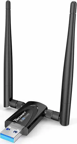 Wireless USB WiFi Adapter for Desktop PC, Techkey AC1300Mbps Network Dongle with Dual Band 2.4GHz/400Mbps 5GHz/867Mbps 5dBi High Gain Antenna for Laptop Computer Compatible Windows 11/10/8.1/8/7