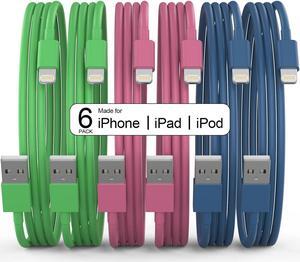 6Pack(3/3/6/6/6/10 FT) Original [Apple MFi Certified] iPhone Charger Fast Charging Lightning Cable iPhone Charger Cord for iPhone 14/13/12/11 Pro Max/XS MAX/XR/XS iPad AirPods-Green and Pink and Blue