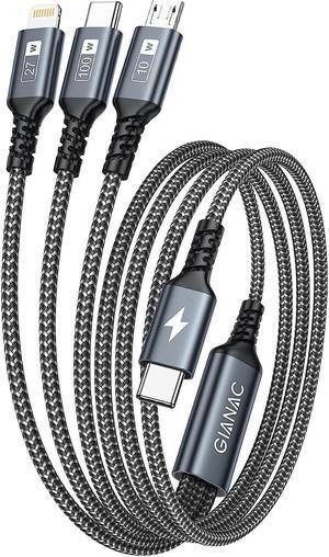 100W USB C Multi Charging Cable [1.2M] 3 in 1 Charging Cable with E-Mark Chip USB C [100W]+Lightning[27W]+Micro[10W] for  S23 iPad Pro iPad Mini MacBook Pro/Air/iPhone14 13 12 11