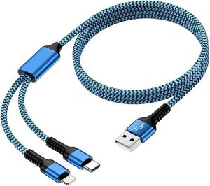 Multi Charging Cable USB to USB C and Lightning Cable 4ft Braided 2 in 1 Fast USB Cable with Type C/Lighting Port for iPhone 16 Pro Max 15 14 13 12  Google iPad Multiple Phone Charger Cord