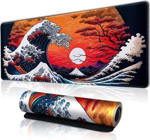 Japanese Sea Waves Large Gaming Mouse Pad for Desk Desk Mat with Seamed Edges Waterproof Desk Pad Non-Slip Rubber Base 31.5x11.8 Inch Keyboard Pad Computer Mat Big XL Mousepad