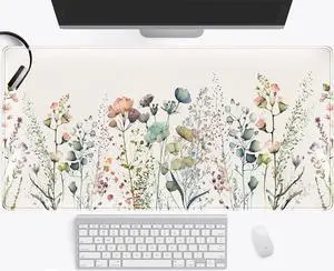 Floral Desk Mat Beige Boho Desk Pad Large Extend Mouse Pad XXL Cute Minimalist Flowers Keyboard Mat Esthetics Desktop Mat Laptop Wireless Mouse Mat for Desk Gift for Women 31.5x15.75