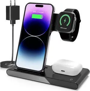 Wireless Charger iPhone Charging Station: 3 in 1 Charger Stand Multiple Devices for Apple - iPhone 15 14 Pro Max 13 12 11 - Watch 9 8 7 6 5 4 3 2 Se - Airpods 3 2 Pro