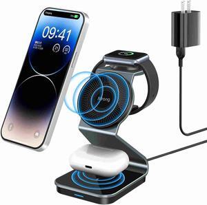 3 in 1 Wireless Charger Stand Aluminum Alloy Mag - Safe Wireless Charging Station Compatible with iPhone 15/14/13/12 Series iWatch  Multiple Devices(Cable and Adapter Included)