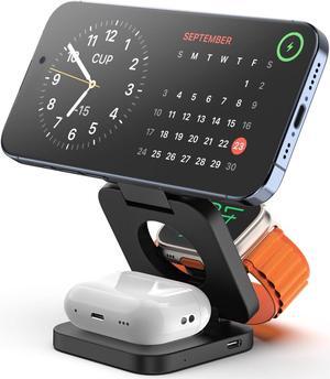 X55 Fast Wireless Charger, Magnetic Foldable 3 in 1 Charging Station for iPhone 15/14/13/12/Pro/Plus/Pro Max, 5W Portable Charger for Apple Watch9/8/7/6/5/4/3/2/SE, for Airpods3/2/Pro-Black