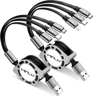 Multi Charging Cable 3A [2Pack 4ft] Retractable Multi Charging Cord 3 in 1 Fast Charger Cord Multi Charger Adapter with IP/Type C/Micro USB Port for Cell Phones/ Galaxy/PS/Tablets/More