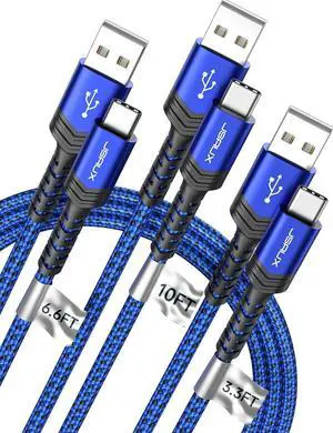 JSAUX USB-C Cable 3.1A Fast Charging, 3-Pack (10ft+6.6ft+3.3ft) USB A to Type C Charge Cord Compatible with Samsung Galaxy S21 S20 S10 S9 S8 Note 20 10, iPhone 15/15 Pro Max, PS5, USB C Charger(Blue)