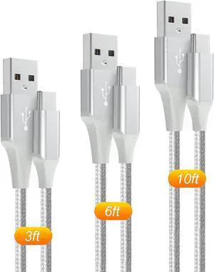 USB-C Cable 3A Fast Charging, 3-Pack (10ft+6ft+3ft) USB A to Type C Charge Nylon Braided Cord Compatible with Galaxy S20 S10 S9 S8 Plus Note 10 9 8,PS5,USB C Charger (White, 3ft+6ft+10ft)