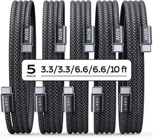 USB C Cable 5-Pack [3.3/3.3/6.6/6.6/10FT] USBC to USBC Cable for iPhone 16 15 Pro Max Car Charger 60W (3.1A) C to C Cable Fast Charging for  S24/23 iPad MacBook Air/Pro USBC Charger