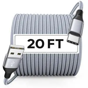 20 FT USB C Cable, Extra Long USB C Cable Fast Charging | | Nylon Braided USB A 2.0 to Type C Cable Charger Cord Compatible with Moto LG Pixel and More, Gray
