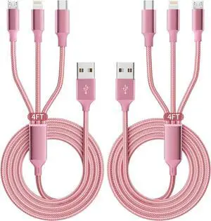 Multi Charging Cable(2Pack 4FT) 3 in 1 Charging Cable Nylon Braided USB Multi Charger Cable Universal USB Cable with Type C/Micro/IP Port for Most Cell Phones & Pads