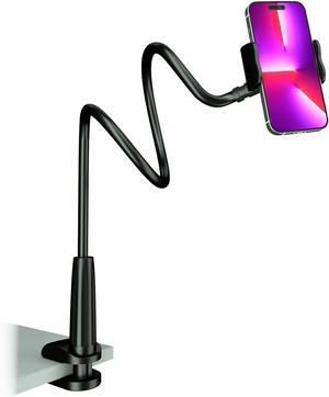 Cell Phone Clip Bed Stand Holder with Grip Flexible Long Arm Gooseneck Bracket Mount Clamp for Desk Compatible with iPhone 14 Pro Max XR X 8 7 6 or Other 3.5-7 Devices (Black)