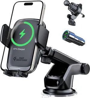 KPON Car Phone Holder Wireless Charger, Auto Clamping Wireless Car Charger Mount 15W/10W/7.5W for Dashboard, Automatic Air Vent Windshield Mount for iPhone 15 14 13 12 11/Samsung/LG/Google Pixel