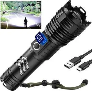 Flashlights High Lumens LED Rechargeable, 900,000 Lumen Brightest Flash Light, High Power Flashlight USB with 5000 mAh Capacity, Waterproof Handheld LED Flashlight for Camping Hiking