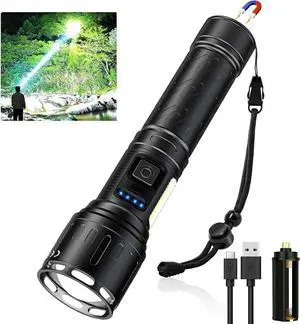 LED Magnetic Flashlights High Lumens Rechargeable, 100000 Lumens Super Bright Powerful Flashlight 8 Modes with COB Work Light, Zoomable, IPX7 Waterproof Handheld Tactical Flash Light for Camping